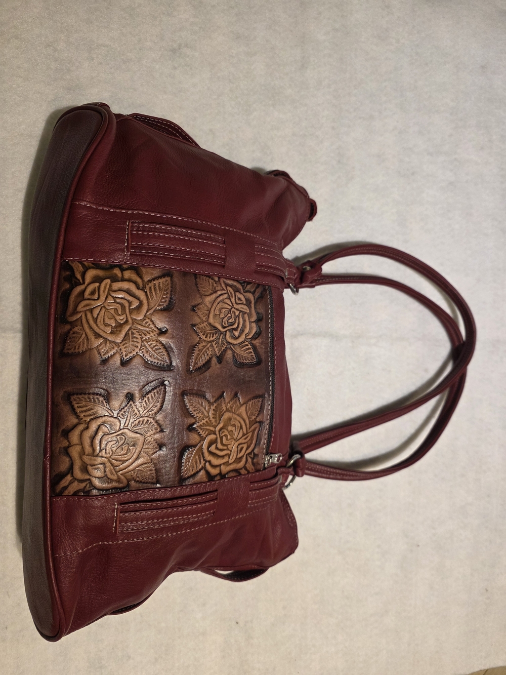 Women's Burgundy Shoulder Bag with Floral Tooled Leather Panel